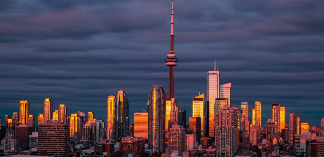 Toronto business district with modern web design concepts and brand identity elements